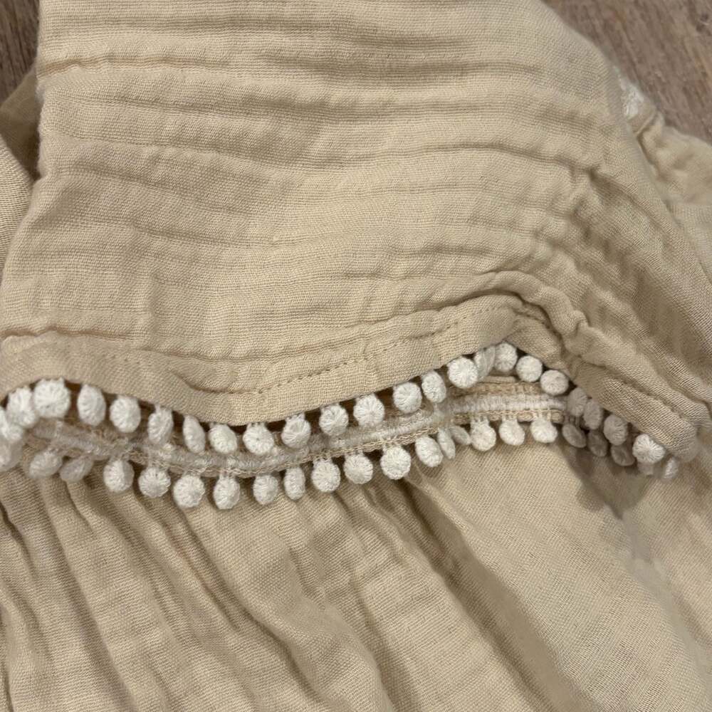 Old Navy Women's Beige Gauze Embroidered Square Neck Pom-Pom Trim Top